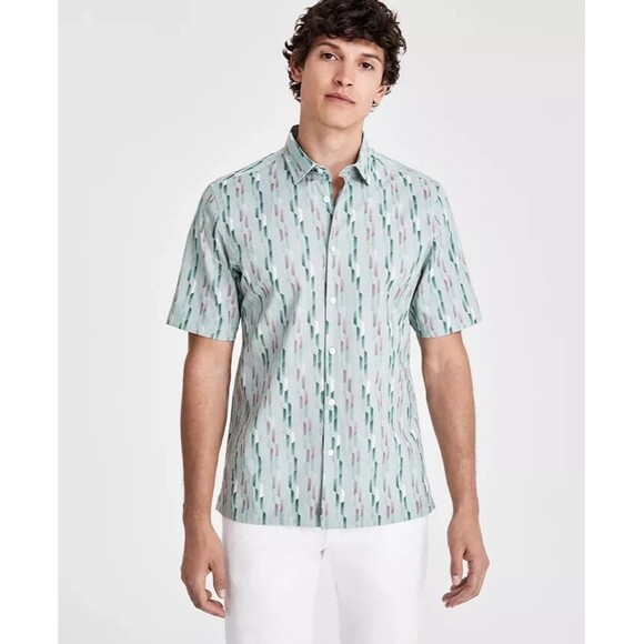 Alfani Men's Nightfall Regular-Fit Geo-Print Button-Down Shirt Sage Green M - Picture 1 of 6